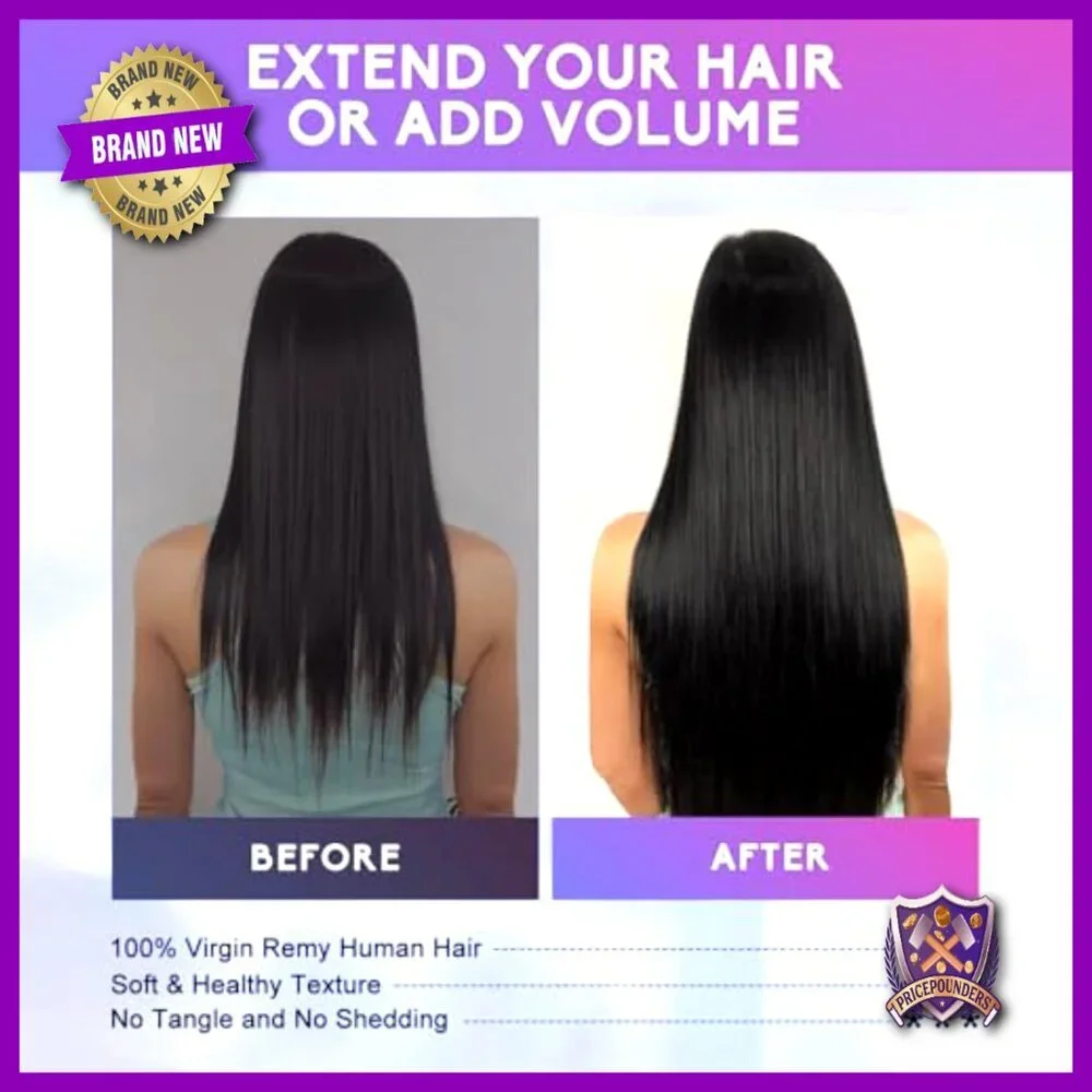 18 Inch Clip In Human Hair Extensions, 100g Straight Remy Hair, 8 Piece Set